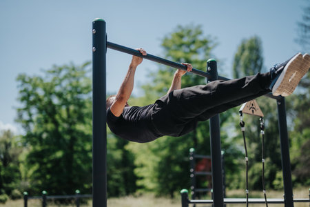 Athlete performing a front lever exercise on outdoor gym equipment in a park
