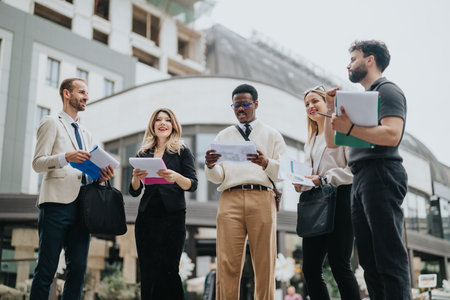 Business professionals engaged in discussion in an urban outdoor settingの写真素材