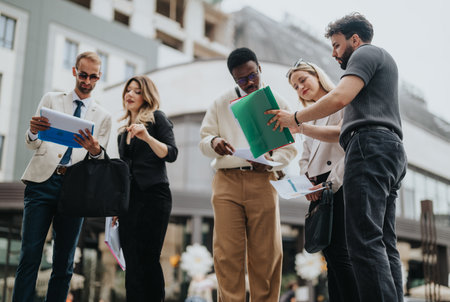 Urban business meeting with a diverse group of professionals outdoors