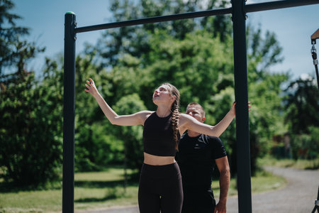 Young woman exercising on outdoor pull-up bar with guidance