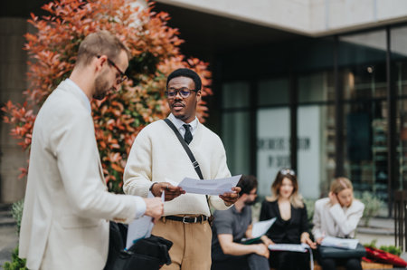 Urban outdoor business meeting and discussion among professionals