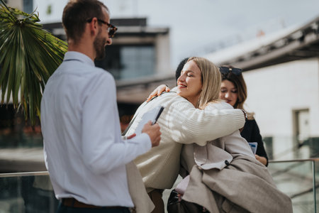 Group of colleagues hugging and socializing outdoors in a friendly manner.