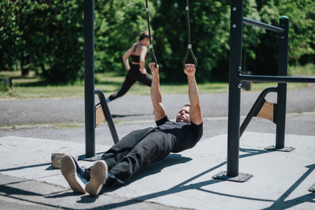 Man Performing Suspension Training in Outdoor Gym on a Sunny Day
