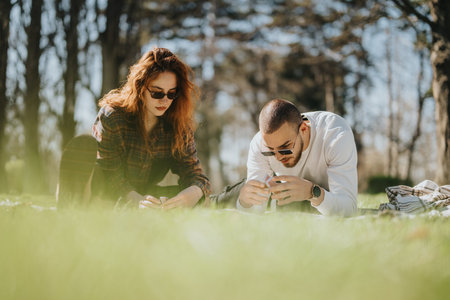 Young couple relaxing in a park enjoying nature together