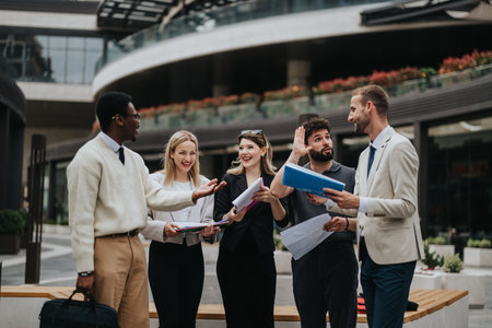 Group of professionals engaging in discussion outdoors in an urban environment