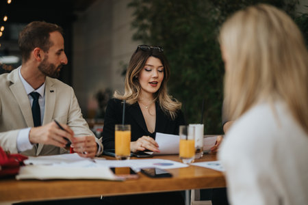 Professionals collaborate in a casual business meeting setting
