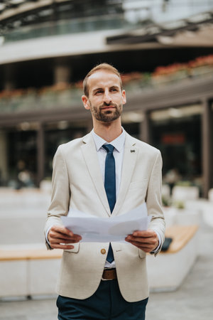 Businessman holding documents outdoors near a modern urban buildingの写真素材