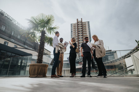 Group of professionals discussing documents in outdoor modern urban setting