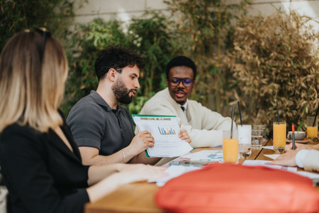 Business team discussing data analysis outdoors during an informal meetingの写真素材