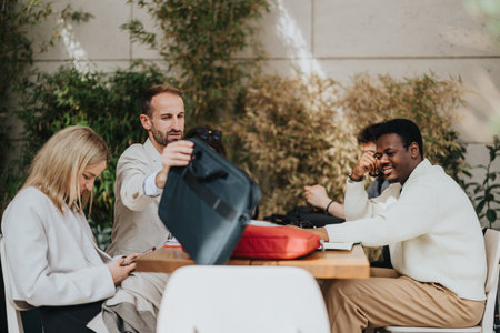 Business team having a casual meeting outdoors at a garden cafe