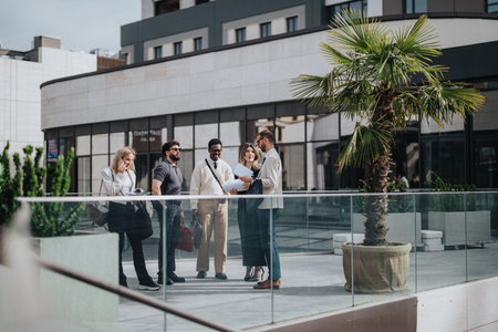 Group of professionals discussing ideas outdoors near a modern office building