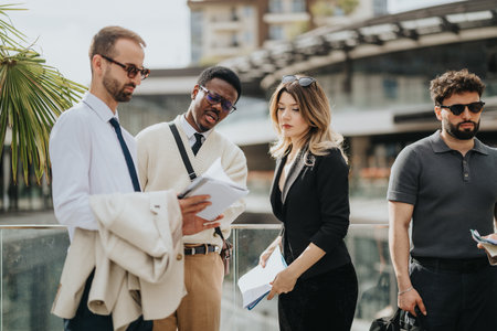 Group of professionals discussing documents outdoors in an urban settingの写真素材