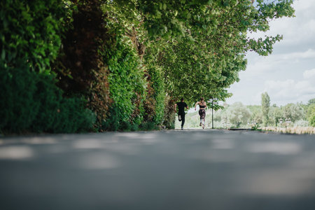 Two individuals jogging on a park path surrounded by greenery