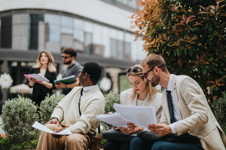 Colleagues discussing reports during an outdoor business meetingの写真素材