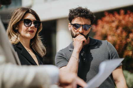 Focused professionals discussing documents during an outdoor business meeting