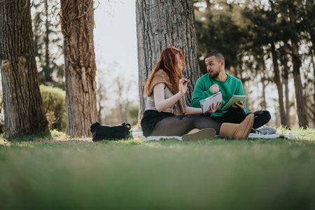 Couple studying outdoors in a sunny park surrounded by nature