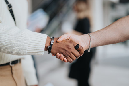 Close-up of a handshake showing successful agreement in urban setting