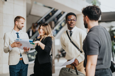 Group of professionals discussing documents in a modern workspace environment