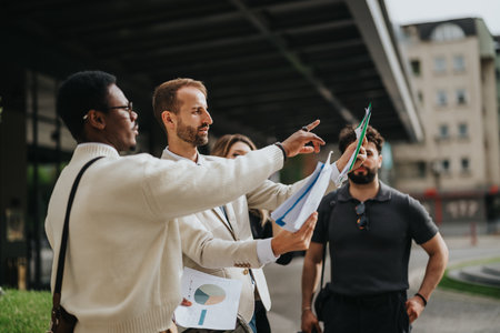 Team collaboration outdoors with business documents and discussions