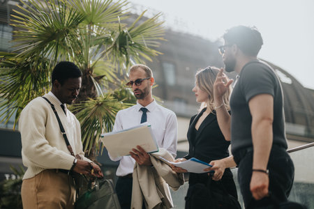 Group of business professionals collaborating outdoors near an office building