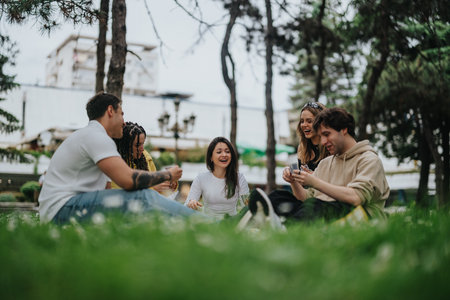 Group of friends enjoying a lively gathering outdoors in a park