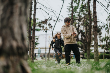 Friends enjoying time outdoors in a scenic park with casual attireの写真素材