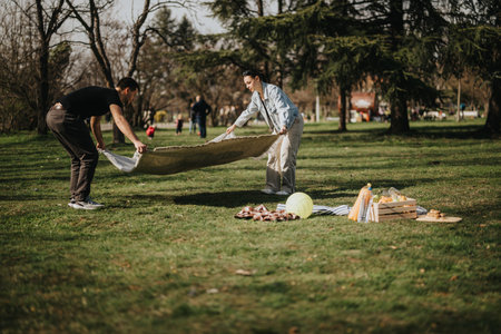 Couple Setting Up a Picnic Blanket in a Scenic Park