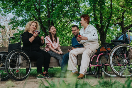 Group of friends enjoying a card game on a park bench surrounded by green trees