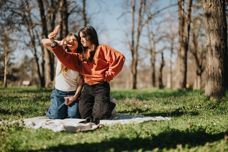 Friends enjoying a sunny day in the park capturing moments with a smart phone.