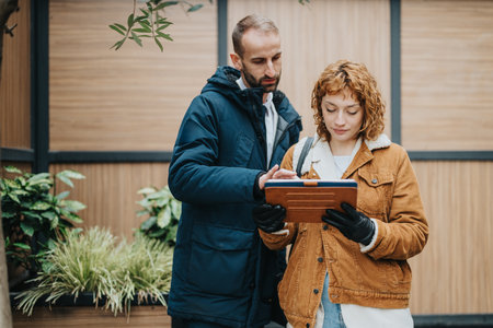 Two individuals collaborating outdoors, discussing information on a digital tablet