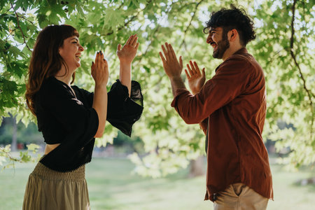 Joyful friends clapping hands together outdoors on a sunny day