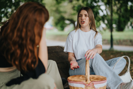 Two women outdoors having a conversation in a park settingの写真素材