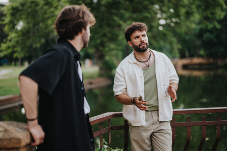 Two men having a discussion near a park railing by a pondの写真素材