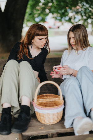 Two Friends Relaxing in a Park and Looking at a Phoneの写真素材