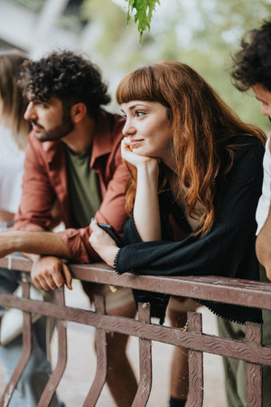 Group of young adults enjoying leisure time outdoors leaning on a railingの写真素材