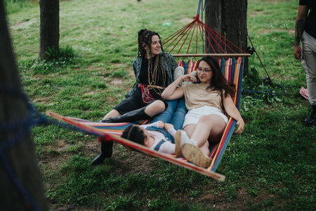 Friends relaxing on a hammock together in a lush park settingの写真素材