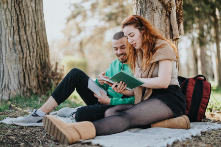 Couple studying together under a tree in a sunny park setting