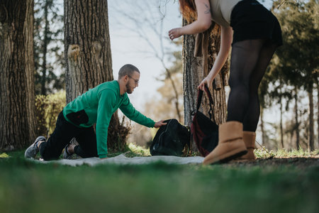 Two people enjoying a day at a park with backpacks