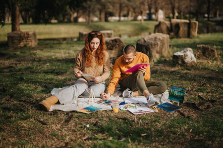 Couple enjoying an outdoor art session surrounded by nature
