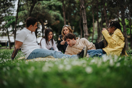 Group of friends relaxing outdoors on a sunny day, enjoying leisure timeの写真素材