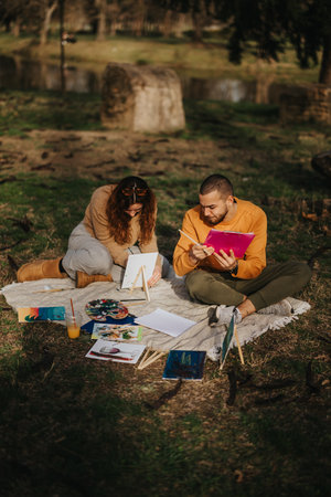 Couple enjoying outdoor painting activities together in a serene park settingの写真素材