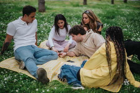 Group of young friends seated on a blanket in a park, enjoying outdoor leisure time and sharing...