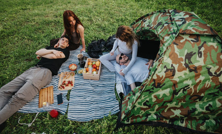 Group of friends enjoying picnic with food near a tent in the parkの写真素材
