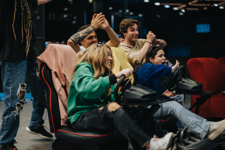 Group of friends enjoying a competitive racing simulation game together