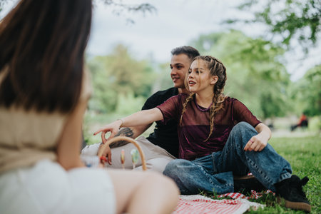 Group of friends relaxing outdoors, enjoying a casual conversation in nature