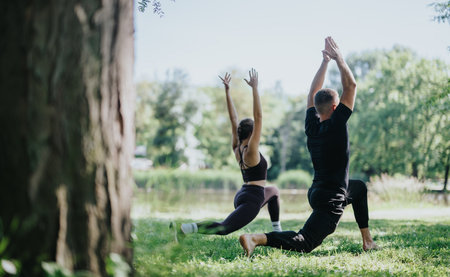 Two people practicing yoga outdoors in a serene park setting