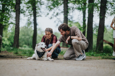 Friends enjoying time together in the park with their playful dog