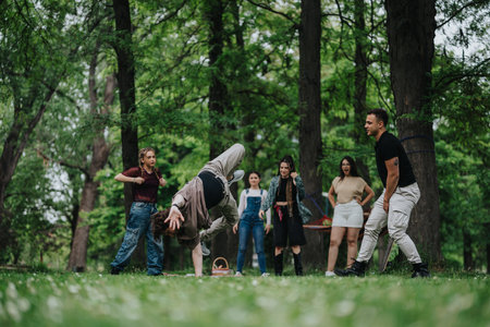 Group of friends enjoying activities together in a green park setting