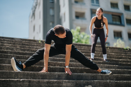 Two people stretching and exercising outdoors on concrete stairs in urban setting