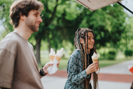 Friends enjoying ice cream cones together outdoors on a beautiful sunny day